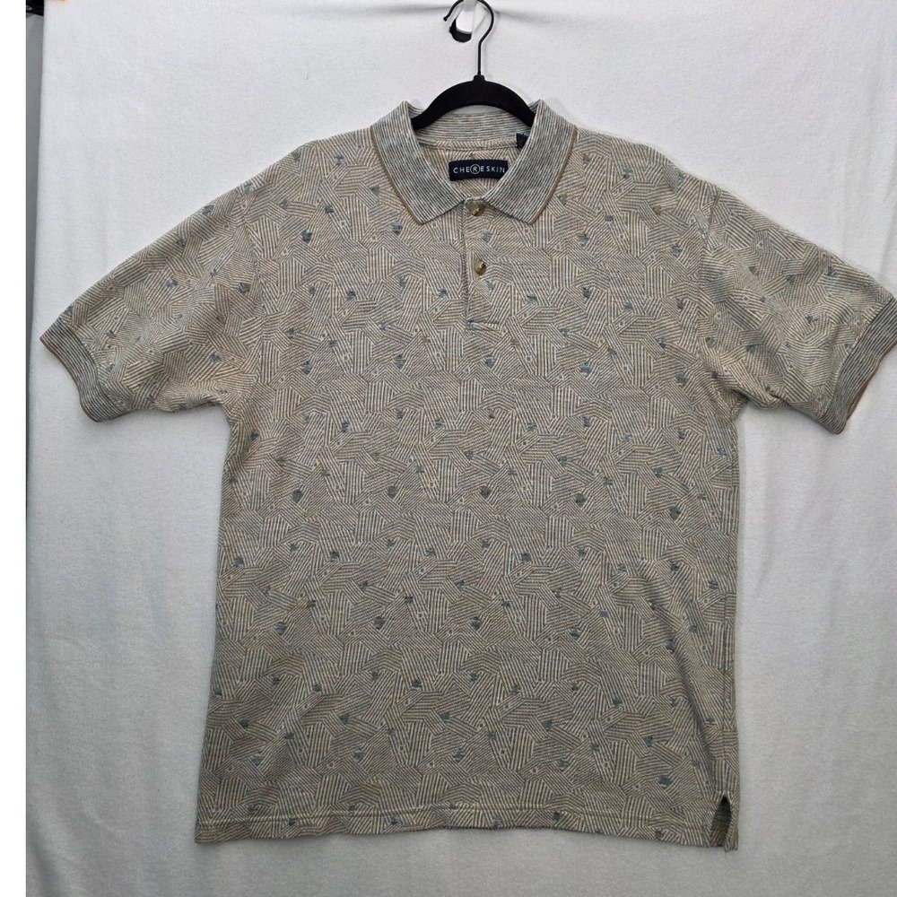 Chereskin Vintage 80s Geometric Polo Shirt Medium Tan Cotton Retro Grandpacore